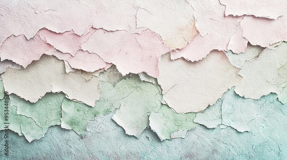 Obraz premium A close-up of peeling paint on a wall with green and pink paint flaking off