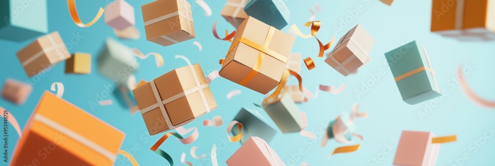 Floating gift boxes and confetti on a pastel blue background, celebration concept. Floating gift boxes and confetti on a pastel blue background, celebration concept.