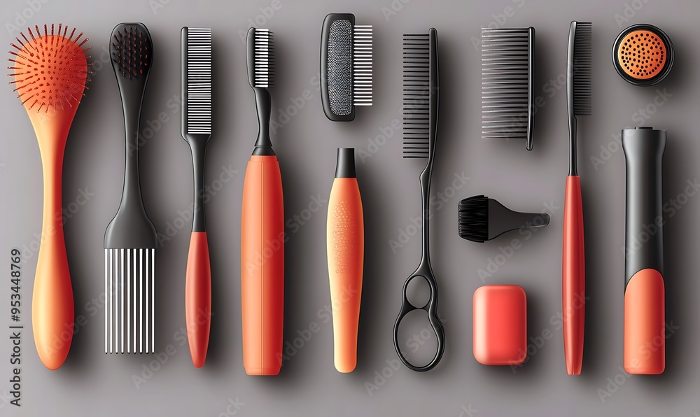 A set of vector illustrations showing various hairdressing tools, including a hairdryer A set of vector illustrations showing various hairdressing tools, including a hairdryer