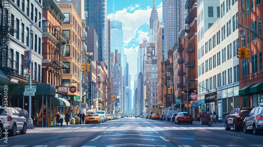 Obraz premium Create a background image of a busy city scene featuring tall skyscrapers, bustling streets, and a variety of buildings