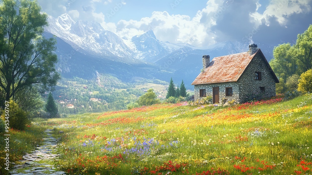 Fototapeta premium Chalet Villa with Stone Pathway and Alpine Meadow