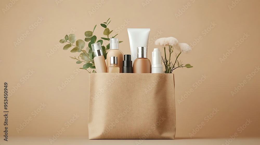 A top-down view of a shopping bag filled with various cosmetic products A top-down view of a shopping bag filled with various cosmetic products