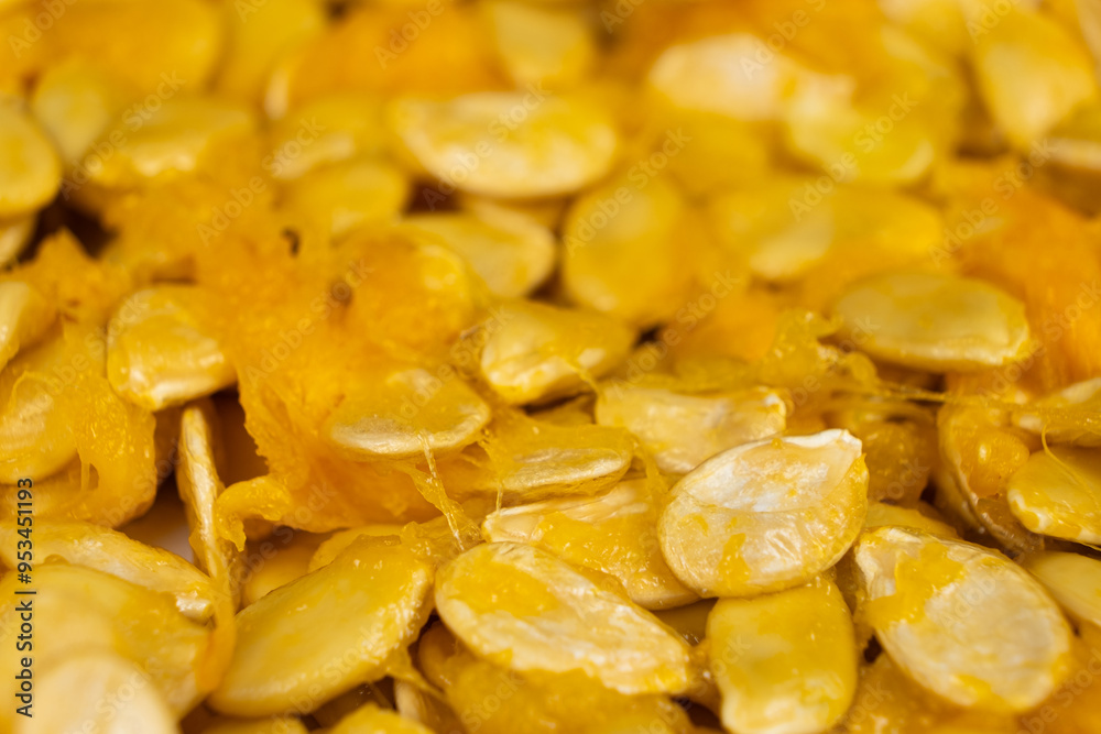 Raw seeds from fresh hokkaido pumpkin close-up Raw seeds from fresh hokkaido pumpkin close-up