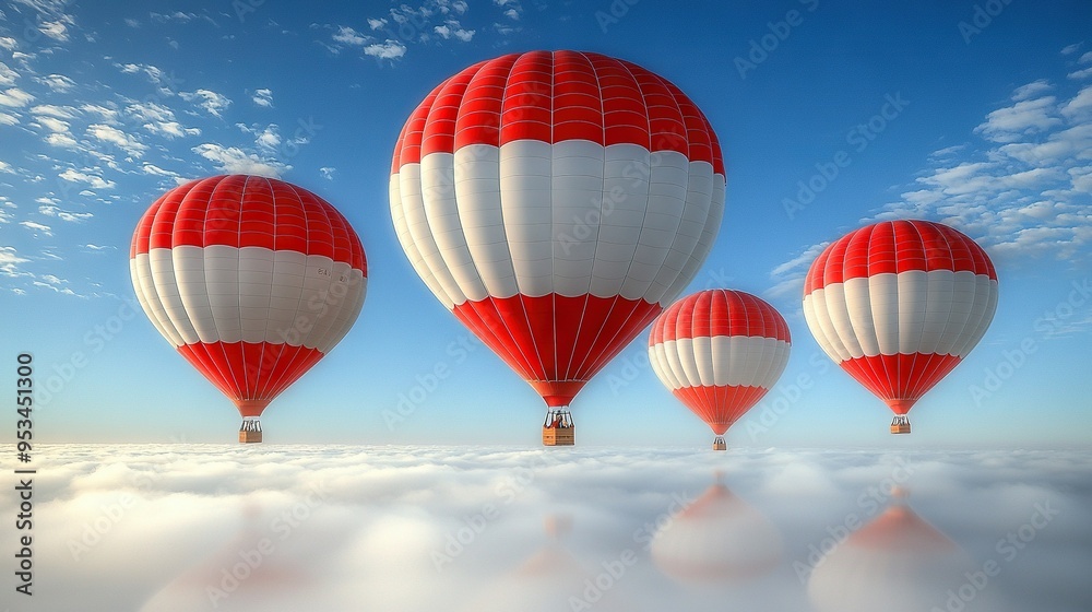 Fototapeta premium Three red-and-white hot air balloons soar above a cloudy sky, with a clear blue backdrop