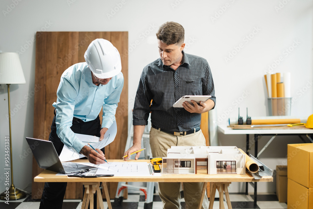 Architect or construction engineer caucasian plan on hard project at work, industry professional team. Architect or construction engineer caucasian plan on hard project at work, industry professional team.