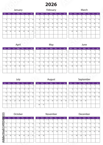 2026 Calendar Template. Vector calendar. Week starts sunday. Calendar template in minimal design