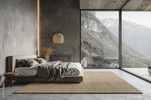 Bedroom interior with bed and carpet, panoramic window. 