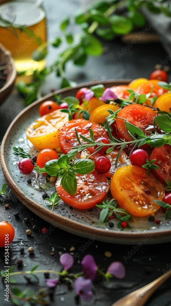 Freshly sliced tomatoes and herbs on a rustic plate, an inviting salad that highlights vibrant colors and natural ingredients. Freshly sliced tomatoes and herbs on a rustic plate, an inviting salad that highlights vibrant colors and natural ingredients.