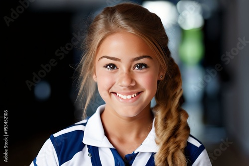 py schoolgirl with a bright smile wearing a blue and white unifo