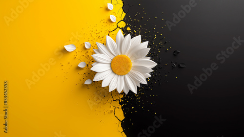 A daisy flower on a split yellow and black background, creating a bold and contrasting design with vibrant and dark tones
