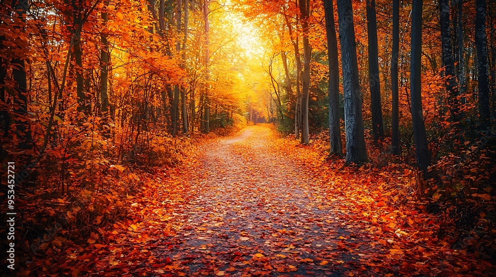 Fototapeta premium A vibrant autumn forest path winding through a dense woodland, with a thick carpet of fallen leaves in vivid shades of orange, red, and yellow. Tall trees line the path, their branches forming 