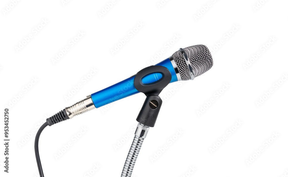 Obraz premium Blue metal body microphone with clipping path on stand isolated on white background.