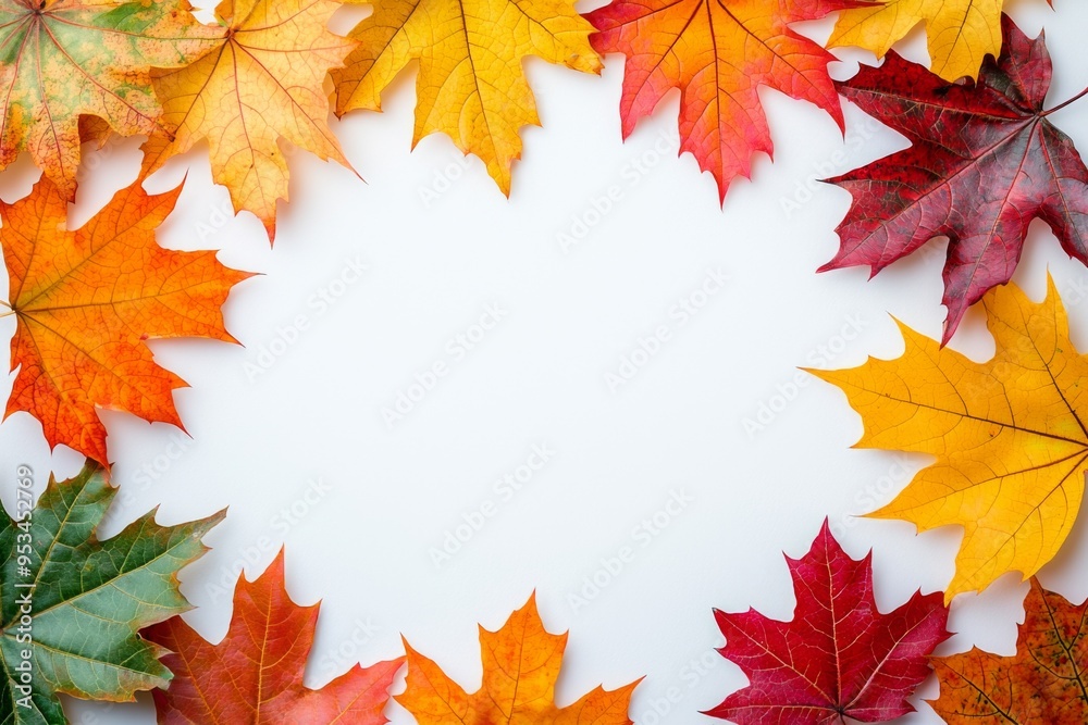 Autumn Maple Leaves Flat Lay White Background created with Generative AI Autumn Maple Leaves Flat Lay White Background created with Generative AI