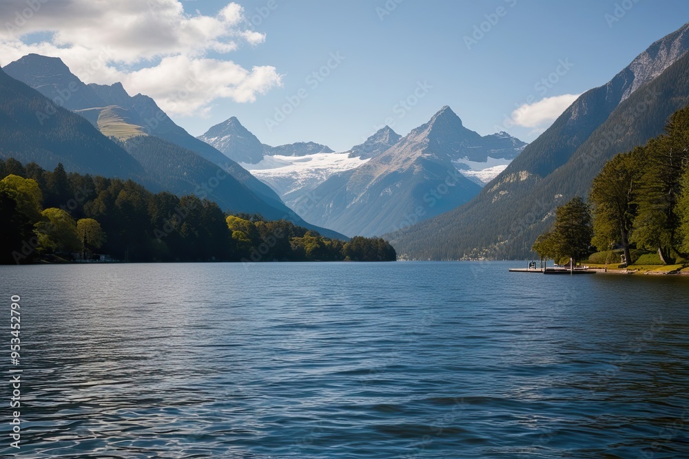 Stunning Lakeside Vista with Majestic Mountains and Peaceful Water Landscape Stunning Lakeside Vista with Majestic Mountains and Peaceful Water Landscape