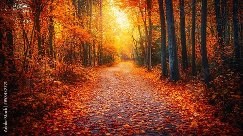 A vibrant autumn forest path winding through a dense woodland, with a thick carpet of fallen leaves in vivid shades of orange, red, and yellow. Tall trees line the path, their branches forming 