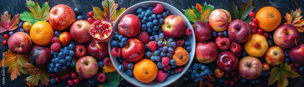 Vibrant assortment of fresh fruits showcasing apples, oranges, berries, and leaves on a dark background, perfect for healthy lifestyle themes. Vibrant assortment of fresh fruits showcasing apples, oranges, berries, and leaves on a dark background, perfect for healthy lifestyle themes.