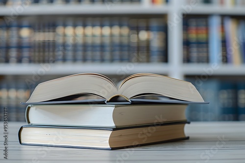 A stack of books with an open book on top in front of the blurred background of library shelves, symbolizing knowledge and education.  photo