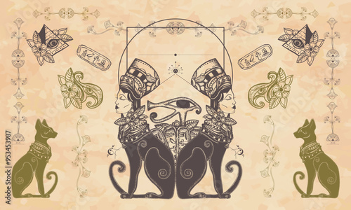 Ancient Egypt background. Woman and black cats. Egyptian frame template. Old paper vector. Travel and History art