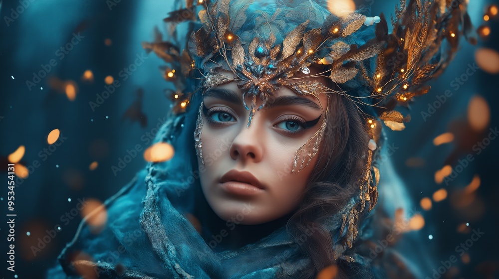 Mystical portrait of a woman with golden sparkles and blue tones. Mystical portrait of a woman with golden sparkles and blue tones.