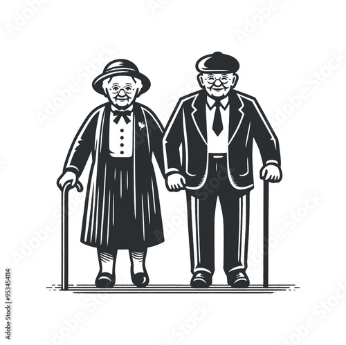 A cute elderly couple is walking hand in hand. Icon, emblem, logo, sign. Black and white vector illustration
