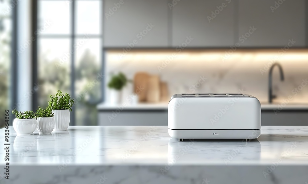 A modern white kitchen countertop with a toaster, white ceramic decor A modern white kitchen countertop with a toaster, white ceramic decor