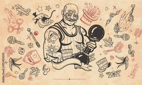 Circus. Strong man with dumbbells. Old paper vector. Cover page template. Art background. Medieval manuscript style