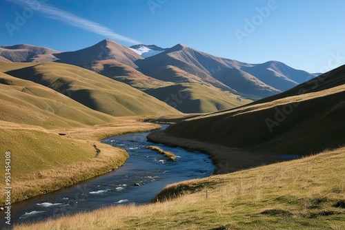 Stunning Mountain Landscape with Rolling Hills and a Gleaming River under a Clear Sky