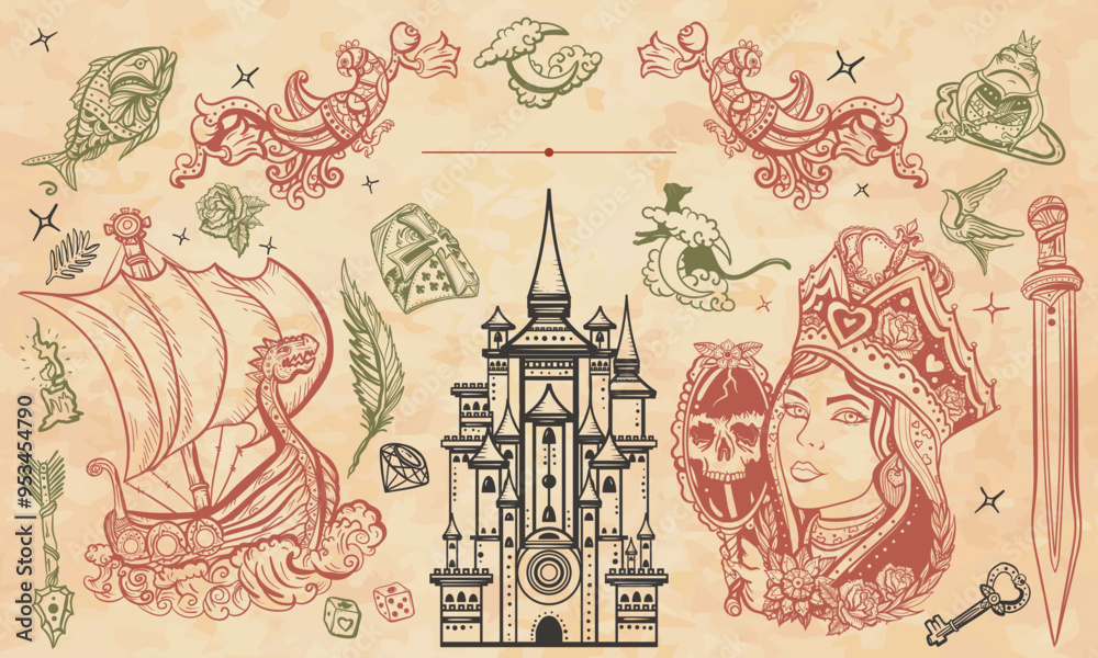 Fototapeta premium Fairy tales. Medieval queen in the golden crown, ancient castle. Old paper vector. Cover page template. Art background. Manuscript style