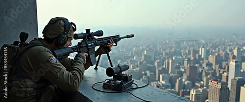 Urban Sniper Sharpshooter on a Rooftop Overlooking a Cityscape