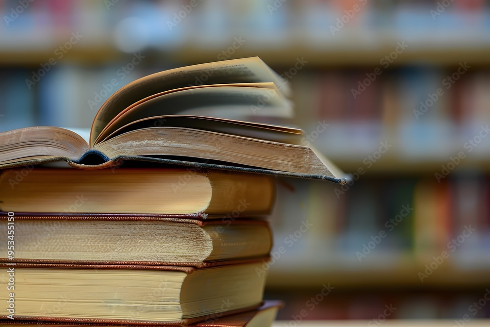 A stack of books with an open book on top in front of the blurred background of library shelves, symbolizing knowledge and education. A stack of books with an open book on top in front of the blurred background of library shelves, symbolizing knowledge and education.