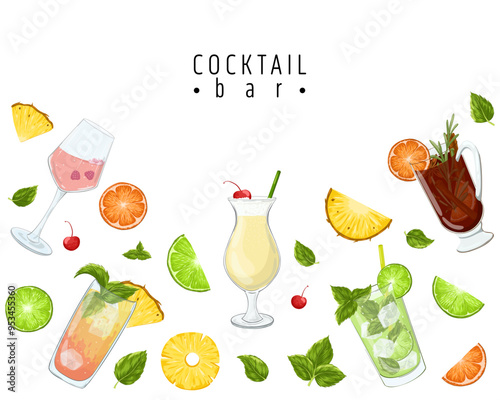 Cocktails vector frame. Square composition with pina colada, mojito, mai tai, gluhwein, champagne and tropical fruits. Banner design for bar, party, menu, restaurants on white background