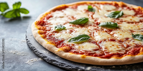 Margherita pizza on a pizza stone, showcasing a uniform layer of melted cheese and tomato sauce