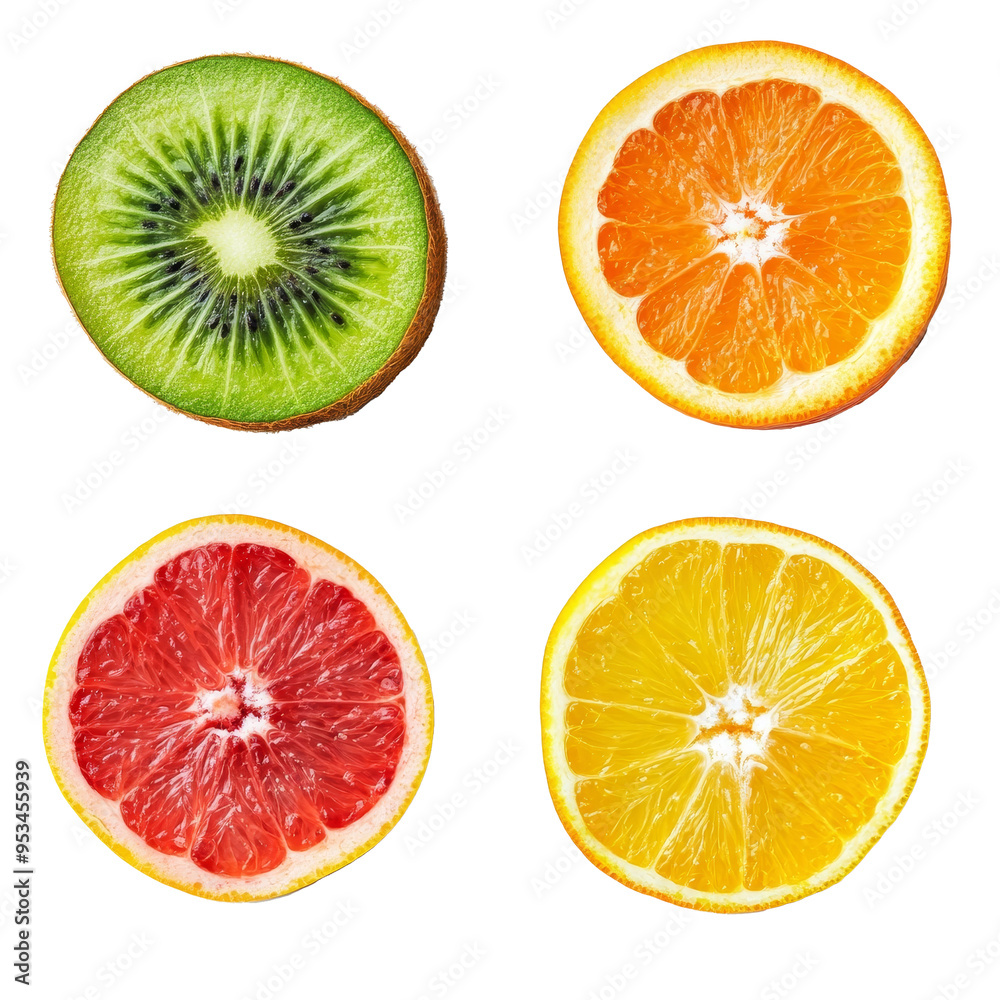 A variety of fresh fruits are sliced open, showcasing vibrant colors and textures that promote healthy eating choices, fresh sliced fruits on transparent background A variety of fresh fruits are sliced open, showcasing vibrant colors and textures that promote healthy eating choices, fresh sliced fruits on transparent background