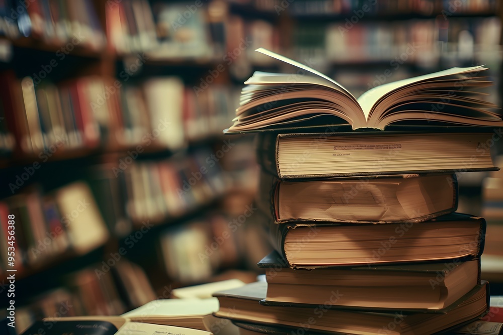 A stack of books with an open book on top in front of the blurred background of library shelves, symbolizing knowledge and education. A stack of books with an open book on top in front of the blurred background of library shelves, symbolizing knowledge and education.