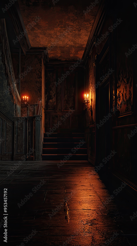Fototapeta premium Whispers of a Bygone Era: A Dimly Lit Mansion Hallway, Where Shadows Dance and Memories Linger.