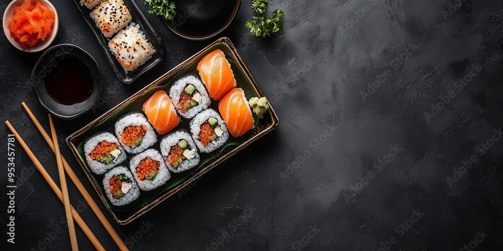 Assortment of sushi rolls on a rectangular dish with chopsticks and a bowl Assortment of sushi rolls on a rectangular dish with chopsticks and a bowl