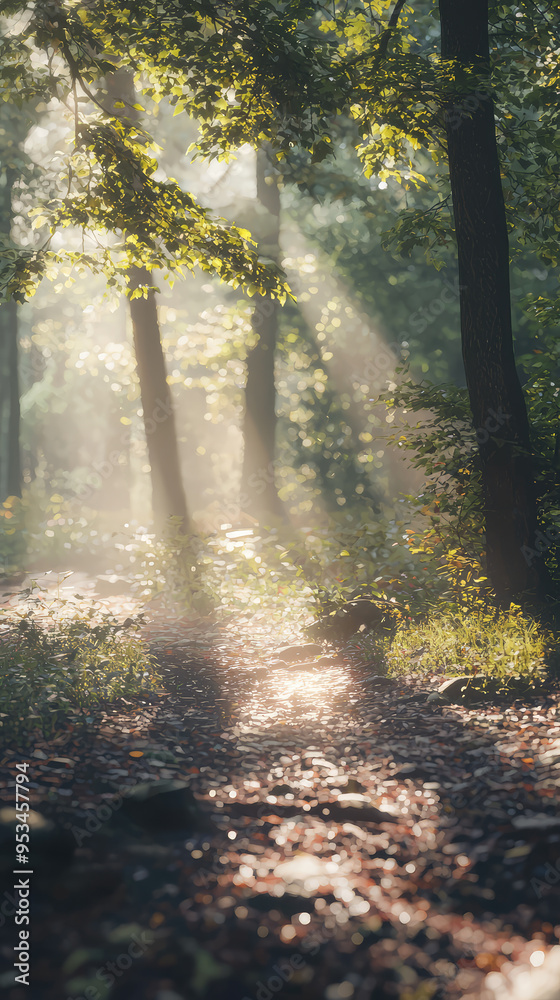 Obraz premium Golden Rays Pierce Through the Forest Canopy, Illuminating a Path Forward.