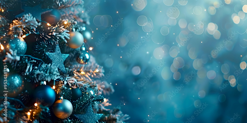 Fototapeta premium Winter Holiday Background with Christmas Tree Baubles and Blurry Lights, Festive Decor Design with Happy New Year Landscape Wallpaper Background. Copy Space for Text