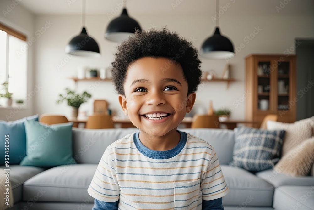 Fototapeta premium Joyful Young Boy Embracing Bright New Beginnings in Cozy Home Environment