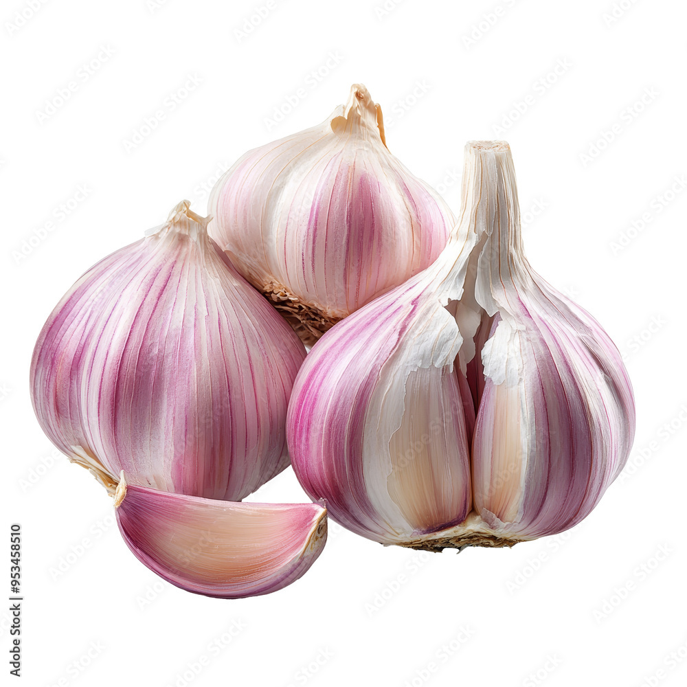 Obraz premium Garlic cloves and bulbs on a transparent background showcase their vibrant purple and PNG hues, garlic on transparent background