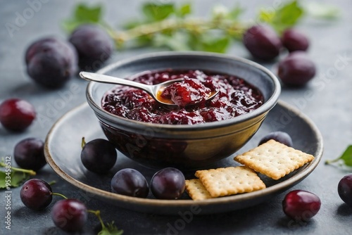 Damson Chutney: Damson chutney served with plain white crackers on a minimalist plate