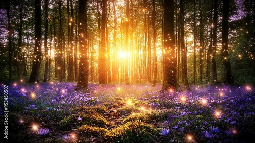  A forest brimming with multitudes of violet blossoms neighboring a forest rich in yellow, purple, and glowing lights