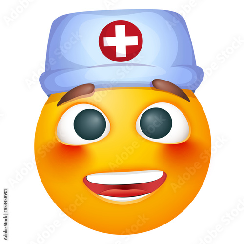 Doctor emoji on white background. Emoticon with surgical mask and medical cap. Cute emoticon
