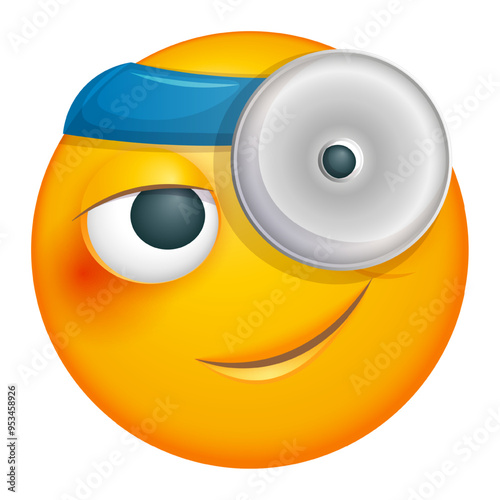Otolaryngologist doctor emoji on white background. Emoticon with frontal reflector. Cute emoticon
