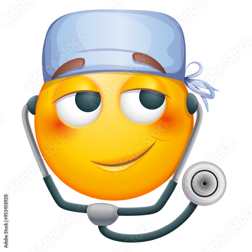Doctor emoji on white background. Emoticon with medical cap and statoscope. Cute emoticon