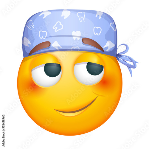 Dentist doctor emoji on white background. Emoticon with surgical mask and medical cap. Cute emoticon