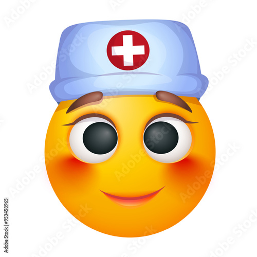 PrintFemale doctor emoji on white background. Emoticon with medical cap. Cute emoticon