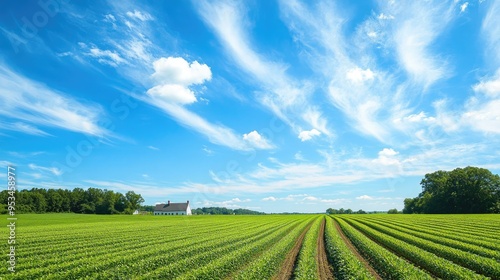 A rural landscape featuring neat crop rows, a farmhouse, and a bright blue sky with scattered clouds