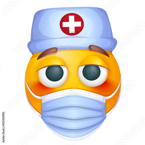 Doctor emoji on white background. Emoticon with surgical mask and medical cap. Cute emoticon