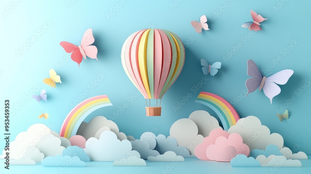 Paper Art Hot Air Balloon with Butterflies and Rainbow Paper Art Hot Air Balloon with Butterflies and Rainbow